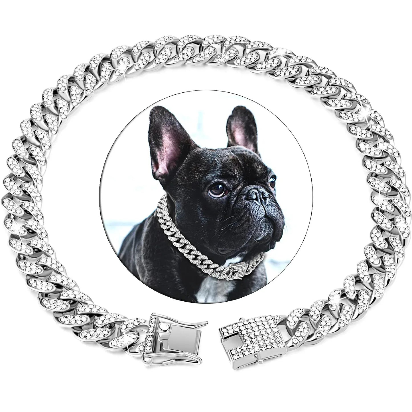 Luxury Rhinestone Dog Chain Collar - Strong Gold Cuban Link Necklace for Dogs & Cats - Designer Pet Jewelry Accessories