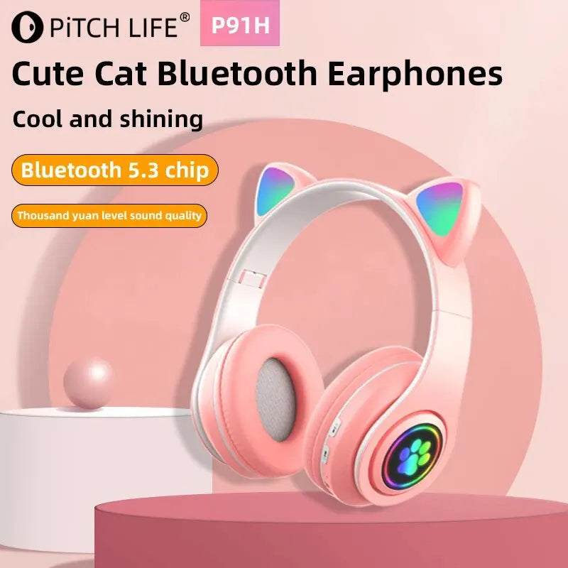 Cute Cat Ears Bluetooth Wireless Headphones with Mic and LED Flash Light - Foldable Stereo Music Helmet