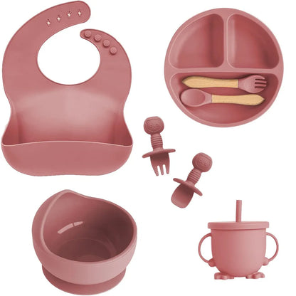 Silicone Baby Tableware Set – 8-Piece Children's Dishes with Suction Cups, Forks, Spoons, Bib, Straws, and Cups