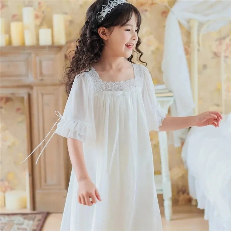 Summer Girl's Short-Sleeved Princess Nightdress - Soft Breathable Lace Mesh Pajamas