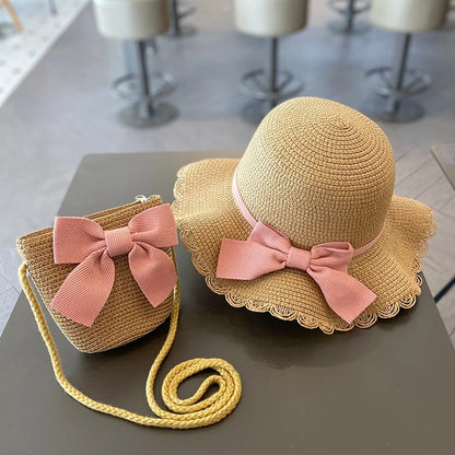 Stylish Kids Straw Sun Hat and Bag Set for Girls (Ages 2-7) - Summer Beach Cap, Sun Protection, Travel Essentials