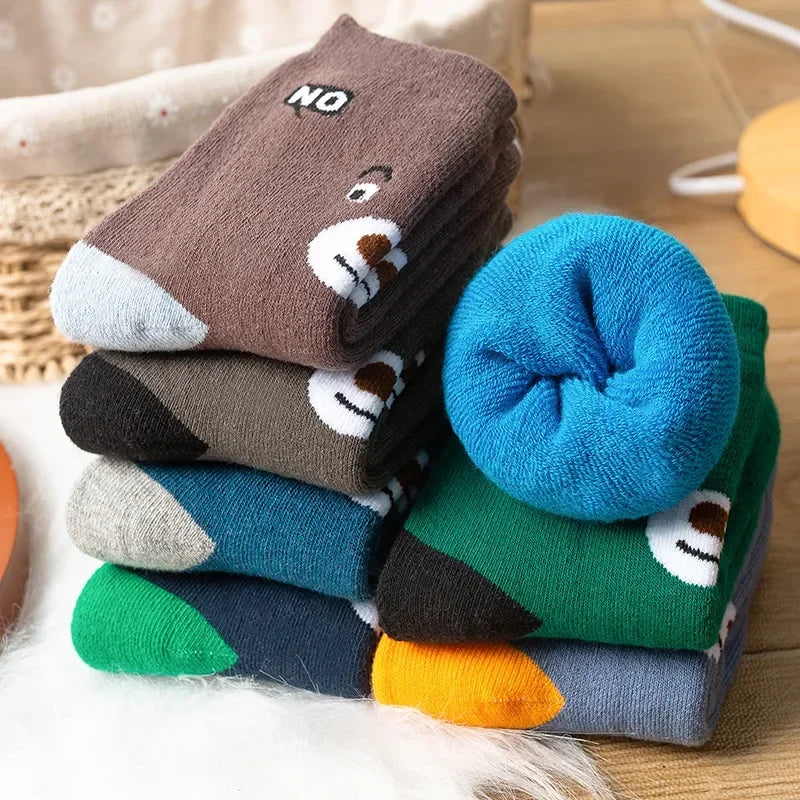 5 Pairs Kids Warm Cotton Socks - Cute Cartoon Animal Mid-Calf Socks for Boys and Girls, Autumn Winter Collection