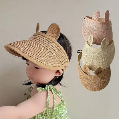 Adjustable Bunny Baby Straw Sun Hat - Cute Summer Folding Visor Cap for Boys & Girls