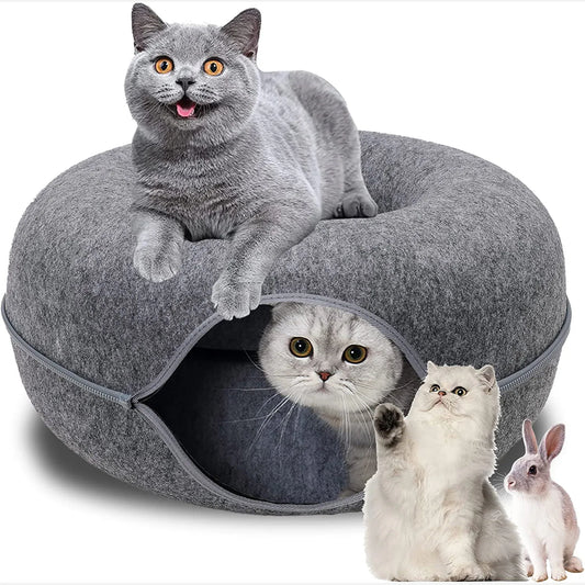 Dual-Use Donut Pet Cat Tunnel & Bed - Interactive Play Toy for Cats, Ferrets, Rabbits - Cozy Indoor Training House