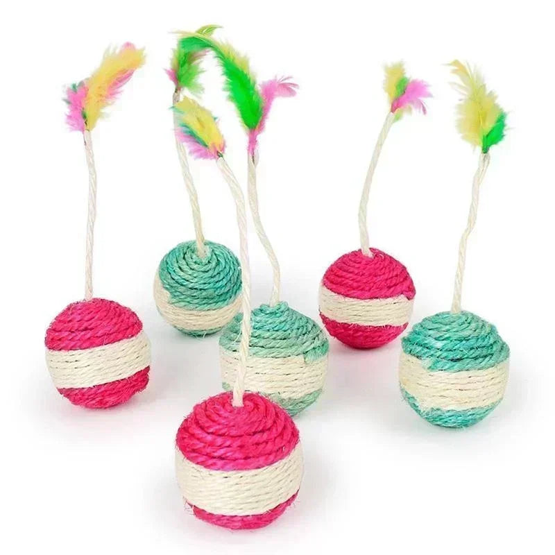 Interactive Sisal Scratching Ball Cat Toy with Feathers - Durable Training Toy for Kittens