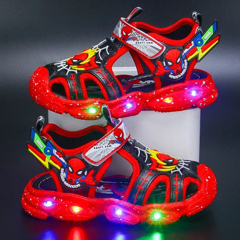 Disney Spiderman LED Sport Sandals for Boys - Summer Casual Beach Shoes with Soft Sole and Anti-Slip Features